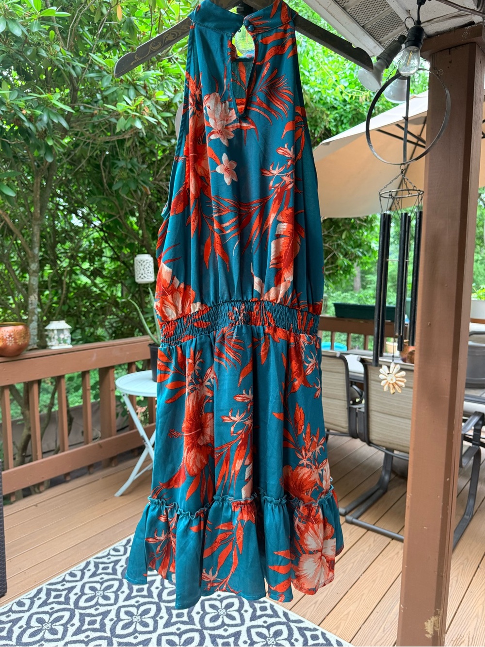 High-Neck Teal Floral Mini Dress with Smocked Waist - Picture 11 of 12